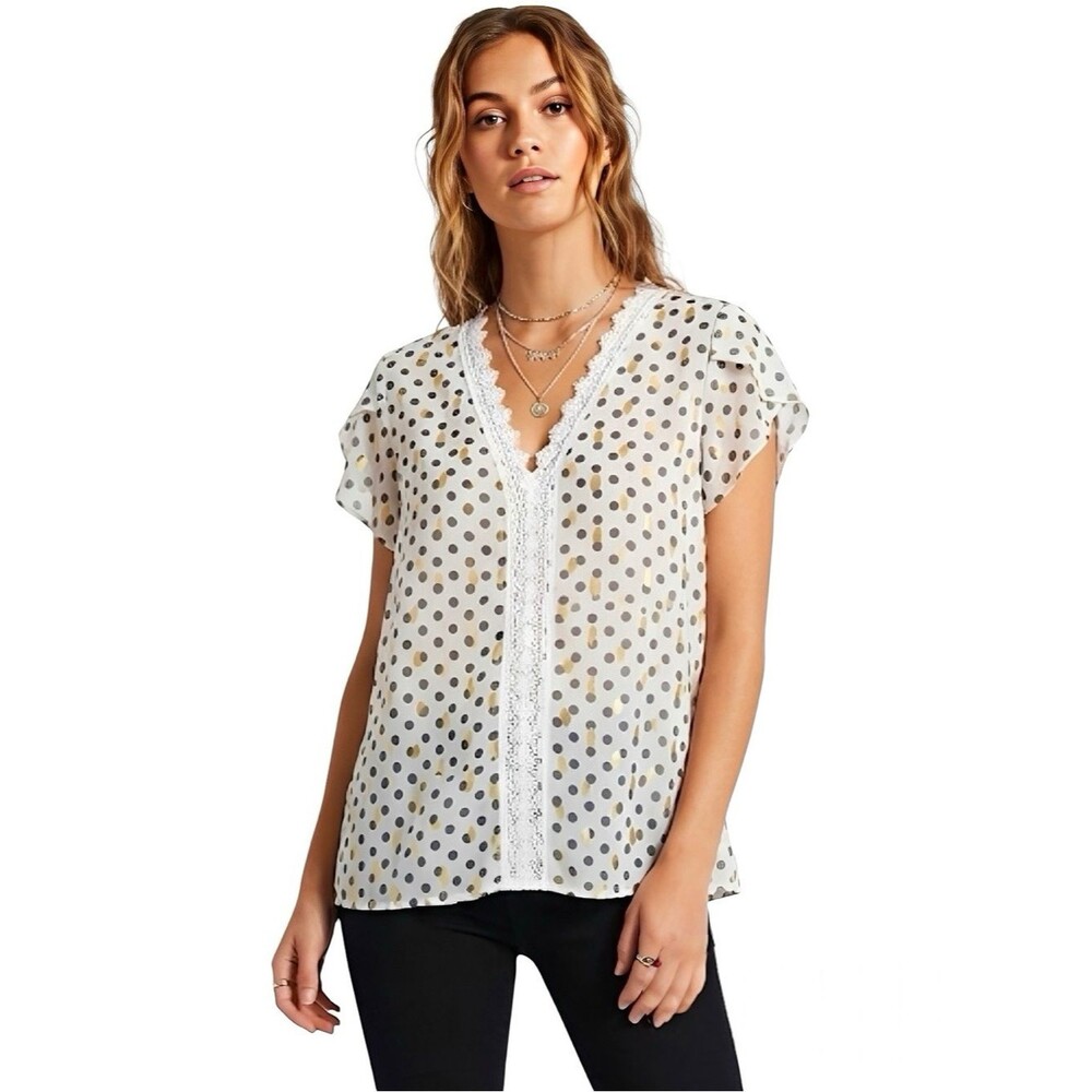 Shein Womens Polka Dot Contrast Lace Petal Sleeve Blouse Chiffon Size Medium